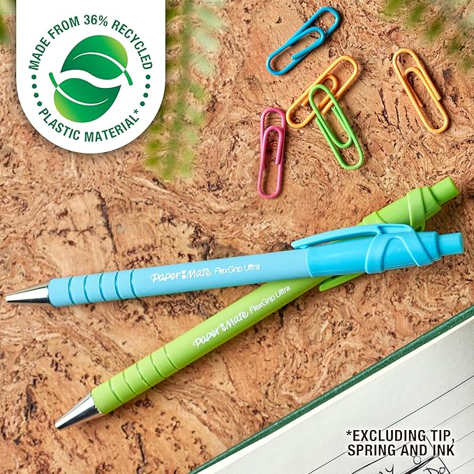 Paper Mate FlexGrip Ultra Ballpoint Pens Made from Recycled Plastic Materials Assorted Barrel Colors Medium Point (1.0mm) Black 4 Count
