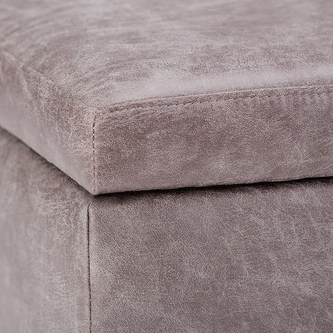 SIMPLIHOME Owen Coffee Table Storage Ottoman - 34 inch Wide Upholstered Vegan Leather Rectangular Lift-Top Ottoman in Distressed Grey Taupe, Mid-Century Modern Bench for Living Room with Tapered Legs