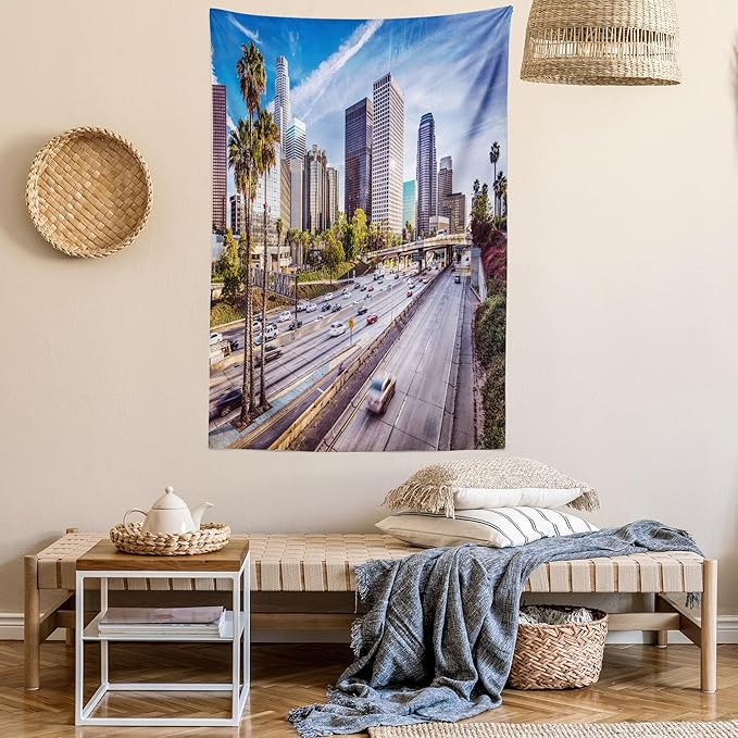 Ambesonne Travel Tapestry Queen Size, Downtown Cityscape of Los Angeles California USA Avenue Buildings Palms Print, Wall Hanging Bedspread Bed Cover Wall Decor, 88" X 88", Blue Grey Green