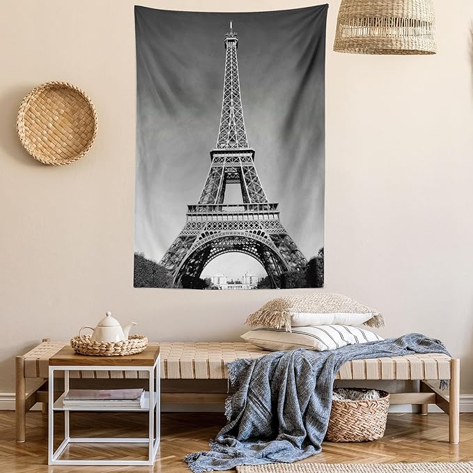 Ambesonne Eiffel Tower Tapestry, Paris Landmark Monochrome Picture of Cityscape European Urban Famous Place Image, Fabric Wall Hanging Decor for Bedroom Living Room Dorm, 30" X 45", Grey