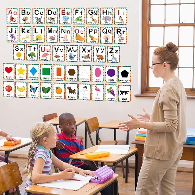 D-FantiX 58 Pieces Alphabet and Number Bulletin Board Set, Manuscript Educational Preschool Cards, Early Learning Alphabet Number Colors Shapes Posters for Kids Kindergarten Classroom Wall Decorations