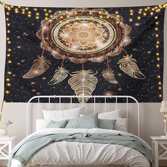 Ambesonne Mandala Tapestry, Dreamcatcher Motif Magic Feathers Hippie Design on Starry Backdrop, Fabric Wall Hanging Decor for Bedroom Living Room Dorm, 90" X 60", Dark Grey