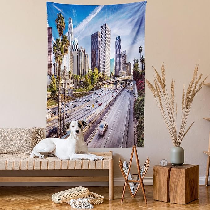 Ambesonne Travel Tapestry Queen Size, Downtown Cityscape of Los Angeles California USA Avenue Buildings Palms Print, Wall Hanging Bedspread Bed Cover Wall Decor, 88" X 88", Blue Grey Green