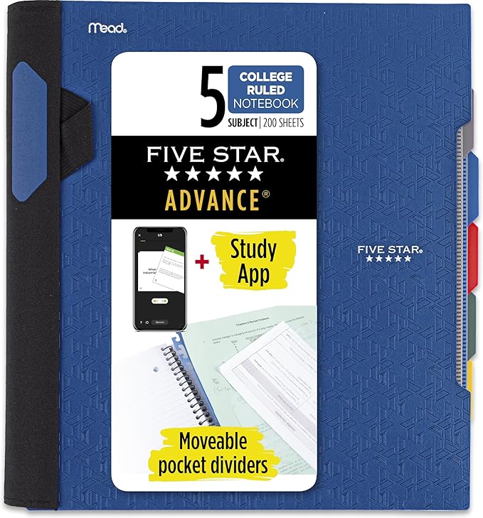 Five Star Advance Spiral Notebook + Study App, 5 Subject, College Ruled Paper, 8-1/2" x 11", 200 Sheets, Spiral Guard, Movable Tabbed Dividers, Pacific Blue (73150) (Pack of 6)