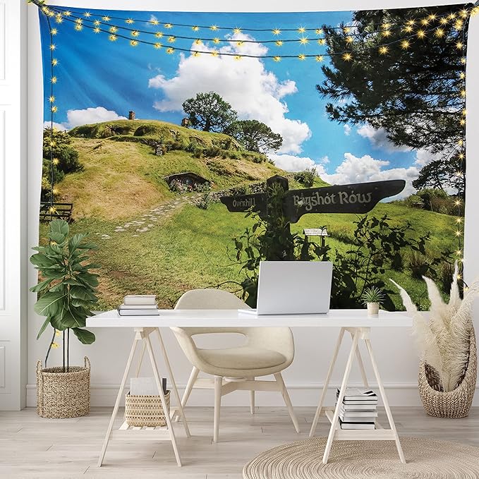 Ambesonne Hobbits Tapestry, Overhill Hobbit Village in Matamata New Zealand Fantasy Scene House Image Print, Fabric Wall Hanging Decor for Bedroom Living Room Dorm, 45" X 30", Green Blue