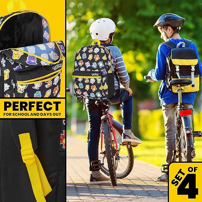 Pokemon Backpack Set 4 Pcs for Kids with Backpack Water Bottle Pencil Case Lunch Bag or Wallet Anime School Supplies Gifts (Black/Multi)