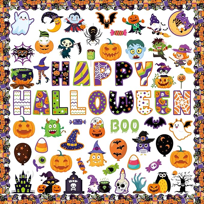 81 Pcs Happy Halloween Cutouts for Bulletin Board Decor Set with Border- Halloween Themed Pumpkin Spider Ghost Witch Paper Cut-Outs Wall Decals for Kids Teacher Classroom School Party Supplies