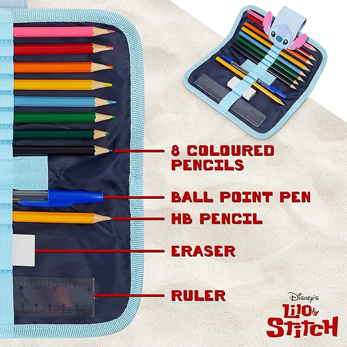 Disney Stitch Pencil Case with Cute Detachable Zipper Pouch including Ball Point Pen Pencil Eraser Ruler and Fun Colored Pencils Stationery Gift for Kids