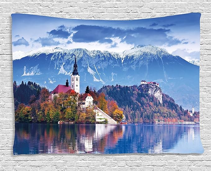 Ambesonne Landscape Tapestry, Photo of Bled in Slovenia with Lake Snowy Mountains and a Castle Pastoral Scenery, Wide Wall Hanging for Bedroom Living Room Dorm, 60" X 40", Blue Lavender