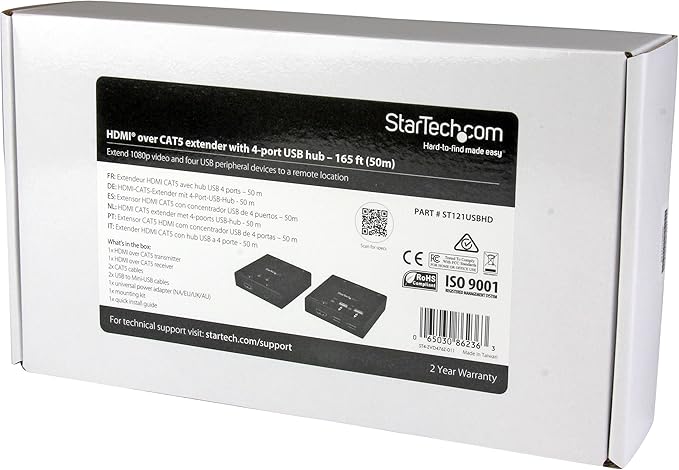 StarTech.com HDMI over CAT6 Extender with 4-port USB Hub - Remote HDMI over CAT5 or CAT6 - 165 ft (50m) - 1080p , TAA (ST121USBHD)
