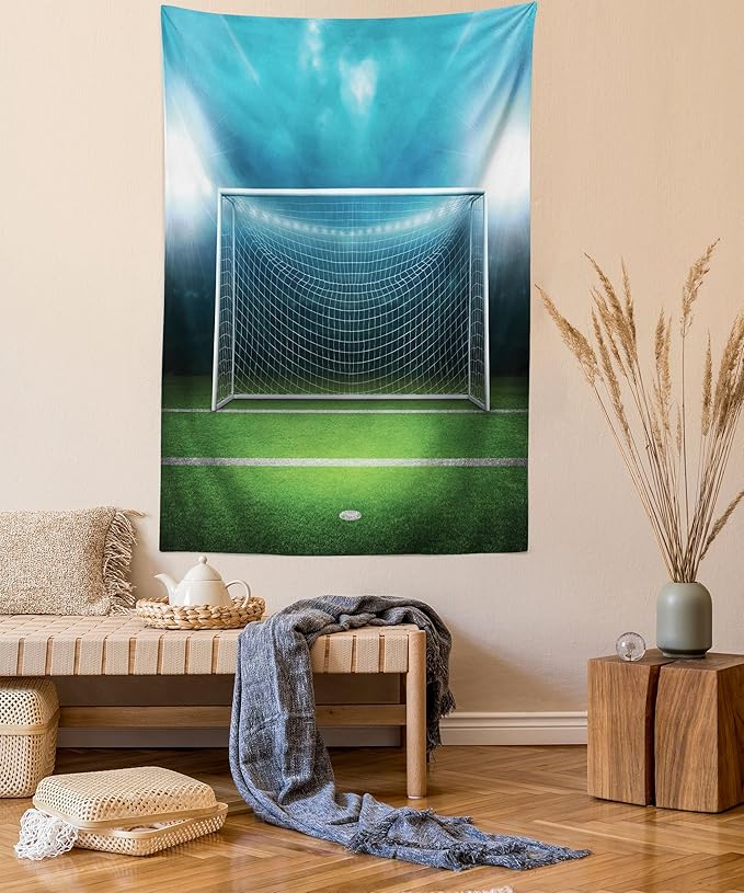 Ambesonne Soccer Tapestry, Soccer Goal Post Sports Area Winner Loser Line Floodlit Best Team Finals Game Theme, Fabric Wall Hanging Decor for Bedroom Living Room Dorm, 30" X 45", Green and Blue