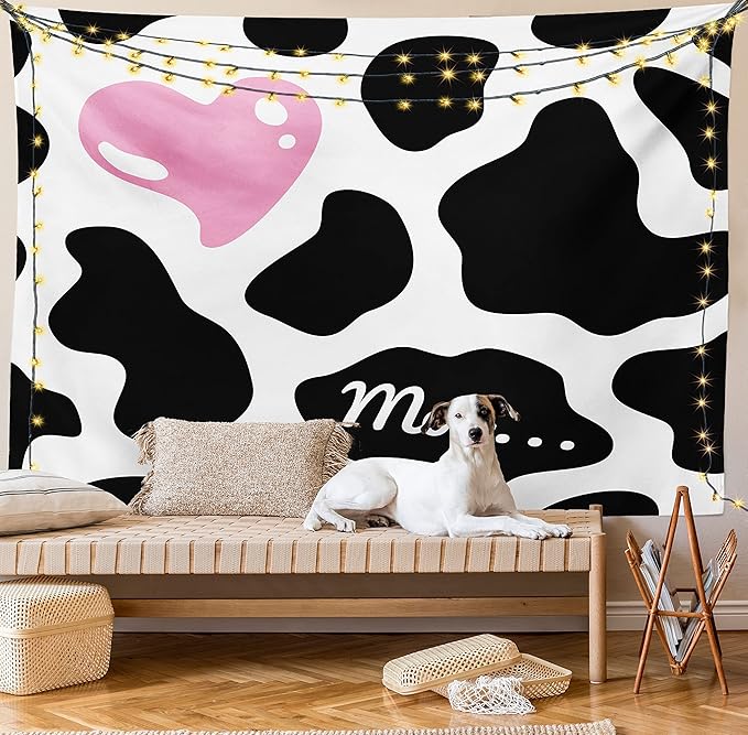 Ambesonne Cow Print Tapestry, Camouflage Hide Skin Pattern in Pastel Color Shades Heart Shape Moo, Fabric Wall Hanging Decor for Bedroom Living Room Dorm, 23" X 28", Pink Black White
