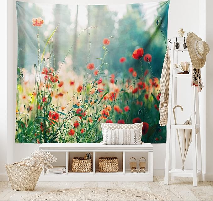 Ambesonne Nature Tapestry King Size, Wild Red Poppy Flowers Field Summertime Sunbeams Gardening Bedding Plants, Wall Hanging Bedspread Bed Cover Wall Decor, 104" X 88", Red Green Yellow