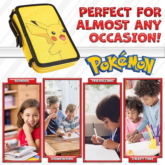Pokemon Pencil Case for Boys Girls Pikachu Stationery Set with Colored Pencils Sharpener Ruler Eraser Notepad School Supplies Anime Gifts for Kids (Yellow)