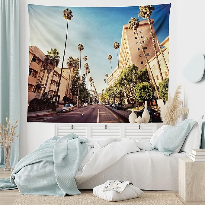 Ambesonne Urban Tapestry King Size, Street in Beverly Hills CaliforniPalm Trees Houses Famous City Photo, Wall Hanging Bedspread Bed Cover Wall Decor, 104" X 88", Pale Blue Peach Green
