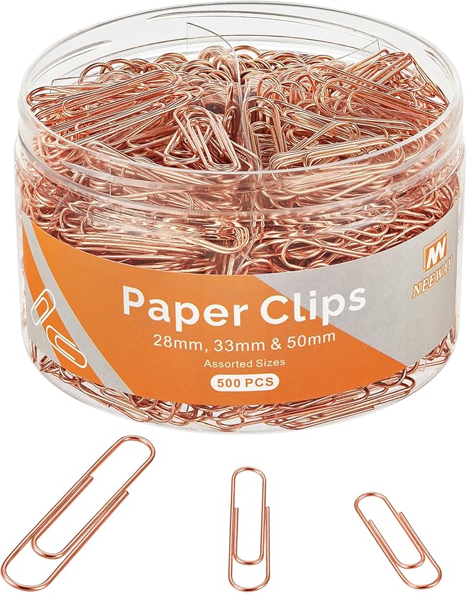 NEEWAY 500pcs Rose Gold Paper Clips Assorted Sizes Small, Medium and Large Paperclips for Paperwork Ideal for Home, School and Office Use