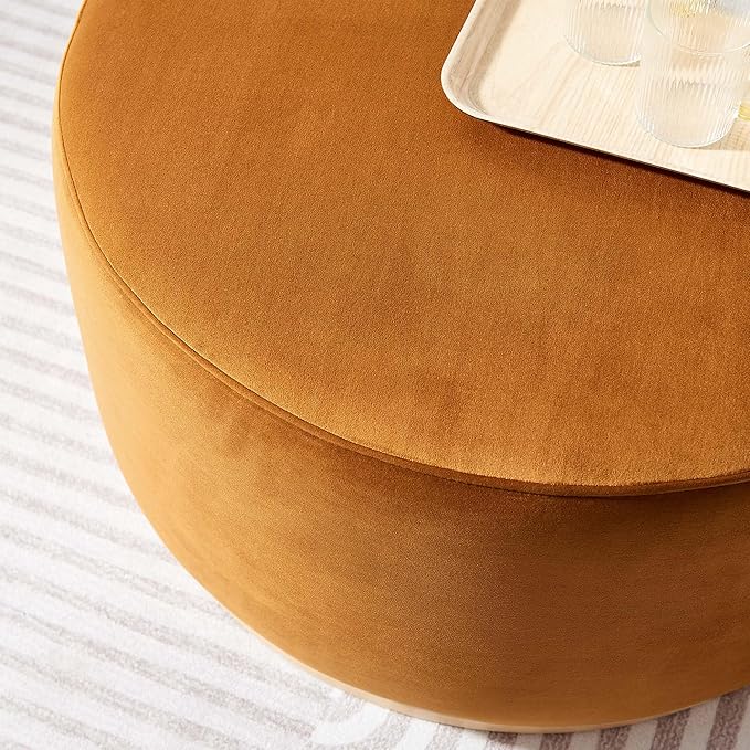 Modway Tilden 29 Inch Round Performance Velvet Upholstered Ottoman in Rust Natural - Round Ottoman Coffee Table for Living Room - Large Ottoman Foot Rest with Rubberwood Plinth Base