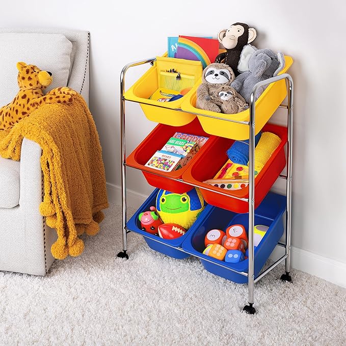Seville Classics Rolling Utility Organizer Storage Cart, for Home Office, School, Classroom, Scrapbook, Hobby, Craft, 6-Bin, Multicolor