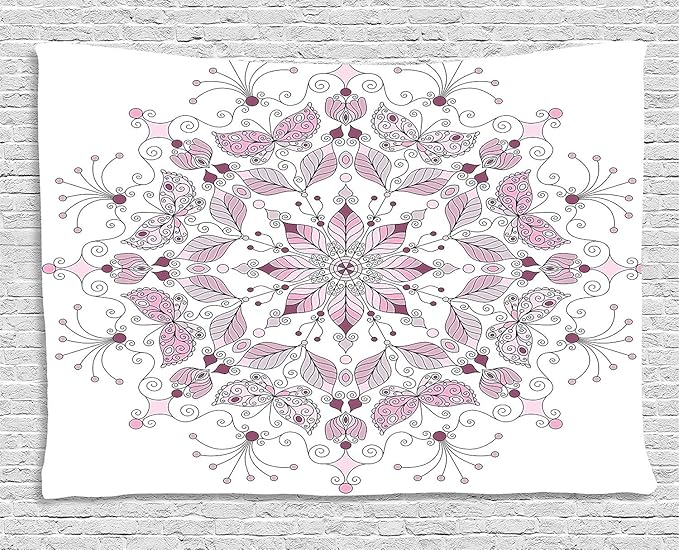 Ambesonne Mandala Tapestry, Lacy Inspired Pastel Floral Motif with Butterfly and Lotus Branches Design, Wide Wall Hanging for Bedroom Living Room Dorm, 60" X 40", White Pale Pink