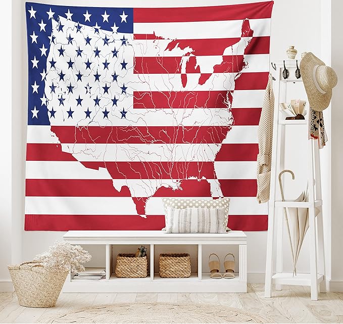 Ambesonne American Flag Tapestry, America Continent Shaped Flag Martial Design International World Glory Print, Fabric Wall Hanging Decor for Bedroom Living Room Dorm, 28" X 23", Indigo Red