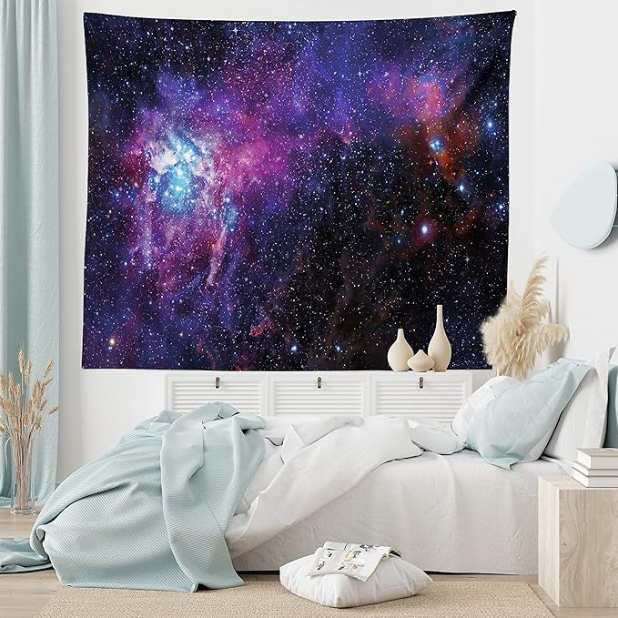 Ambesonne Galaxy Tapestry, Starry Night Nebula Cloud Celestial Theme Image Space Art Elements Print, Fabric Wall Hanging Decor for Bedroom Living Room Dorm, 28" X 23", Black Purple Blue