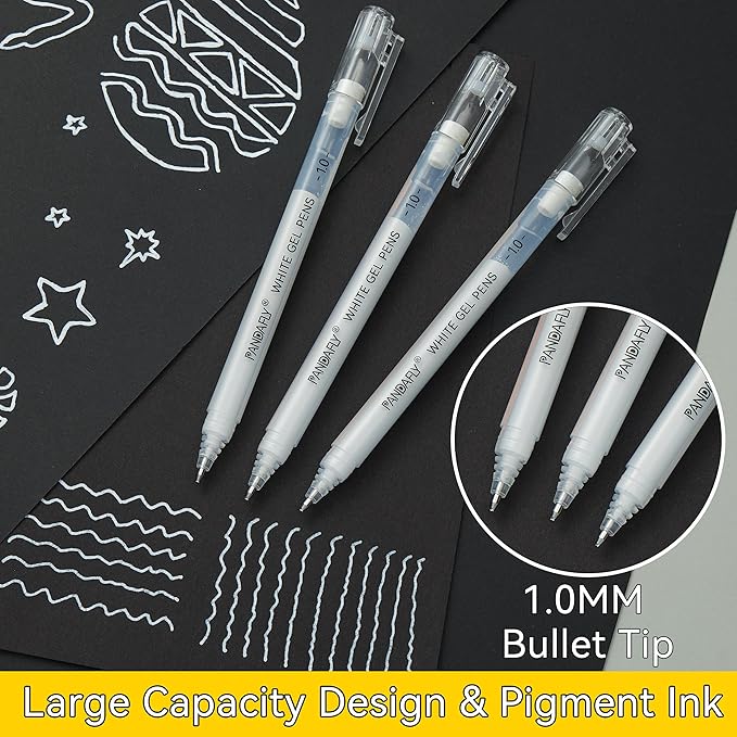 PANDAFLY White Gel Pens, 1 mm Extra Fine Point Gel Ink Pens, Opaque Archival Ink Pens for Black Paper Drawing, Sketching, Card Making, White Gel Pen for Art Highlight & Artists Drawing, 5 Pack