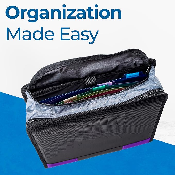 Case-it The Dual 2.0 2-in-1 Zipper Binder | Two 2-Inch D-Rings, 700 Sheet Capacity, 5-Subject Expanding File Folder, Multiple Pockets & Storage Organizer, Shoulder Strap | Dual-301 Deep Purple