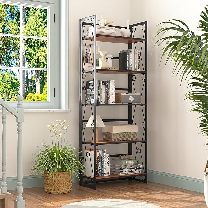VECELO Folding Bookshelf,5 Shelf Bookcase No Assembly, Industrial Metal Frame Book Shelves Organizer for Living Room, Office,Brown, 2 Set