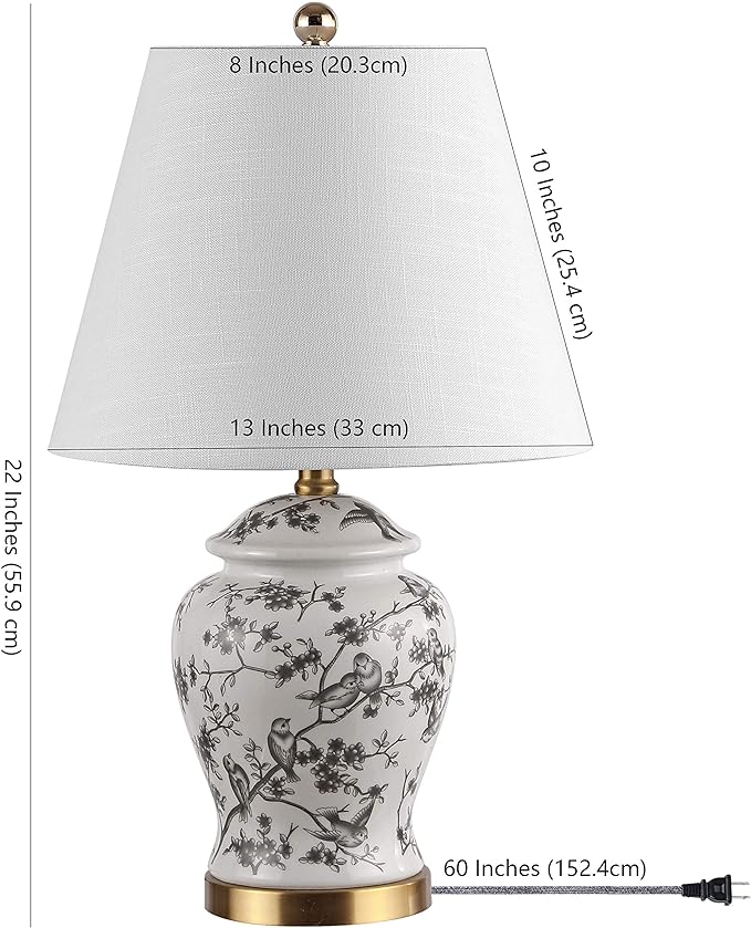 JONATHAN Y 22" Gray/White Ceramic Table Lamp, French Country Chinoiserie Ginger Jar LED Bedside Lamp for Living Room Bedroom, White Linen Shade (JYL3005C)