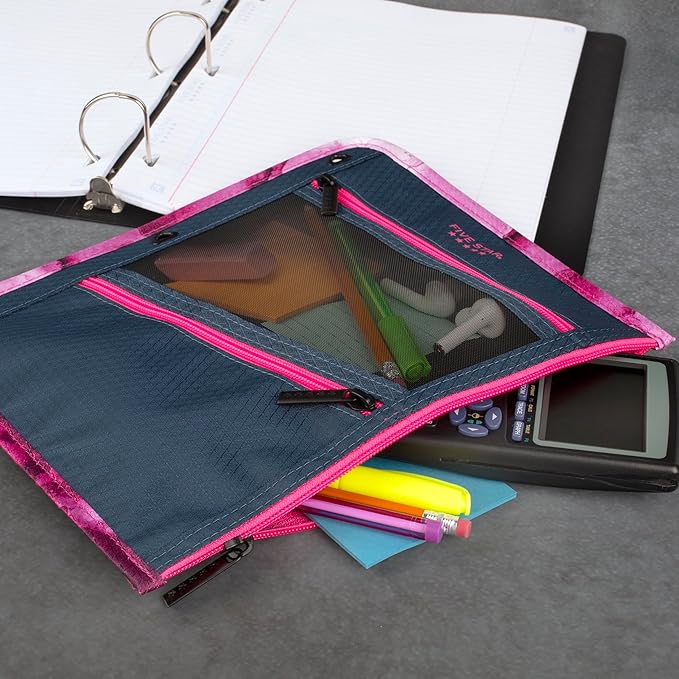 Five Star Pencil Pouch, Pen Case, 3-Pocket Zipper Pouch, Fits 3-Ring Binder, Storage Organizer for Classroom Supplies Earbuds Chargers Cables Makeup, Navy/Pink (506420B-ECM)
