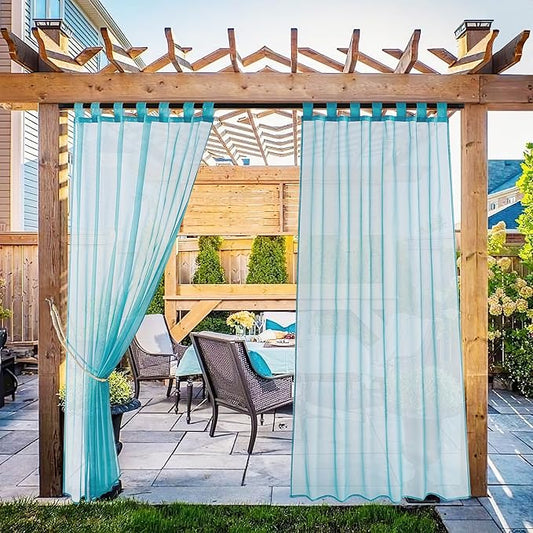 NICETOWN 2 Panels Voile Sheer Outdoor Curtains for Patio Waterproof, Self Sticky Tab Top Airy & Lightweight Indoor Outdoor Sheer Drapes for Porch/Pergola, Turquoise, W54 x L96