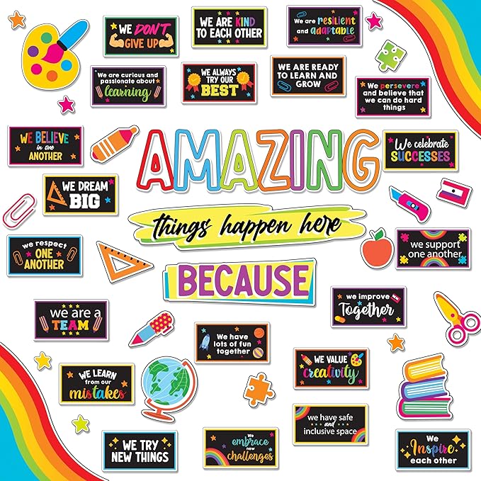 Decorably 49 Pcs Cutouts Chalkboard Vibrant Theme Amazing Things Happen Here Bulletin Board Decorations Set with Borders, Bulletin Board Motivational Decorations - Classrooms, School Hallways