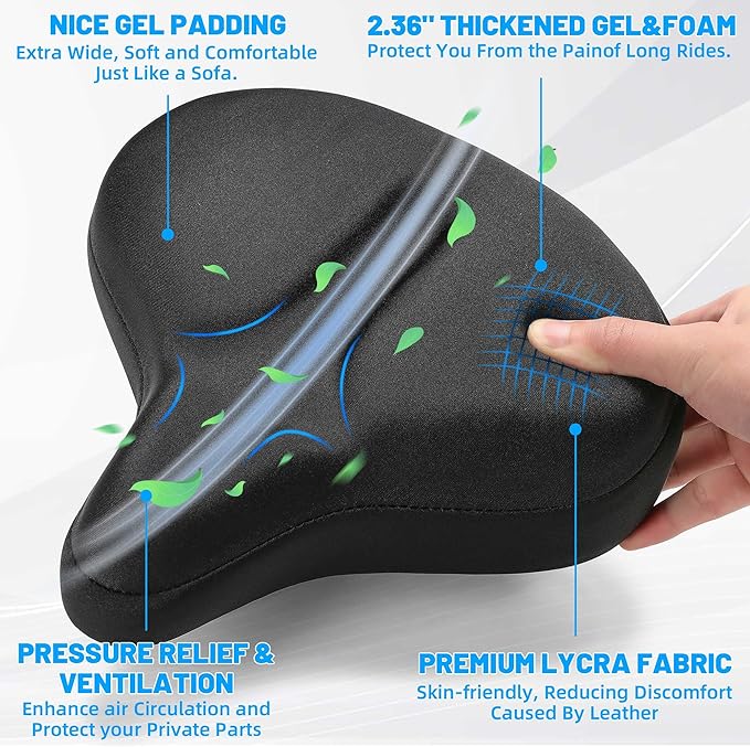 Oversized Bike Seat for Men & Women, Comfortable Gel Padded, Extra Wide Bicycle Seat Cushion Comfort, Replacement Saddle for Peloton, Stationary Exercise Bike, Mountain Bike, Cruiser, City Bike