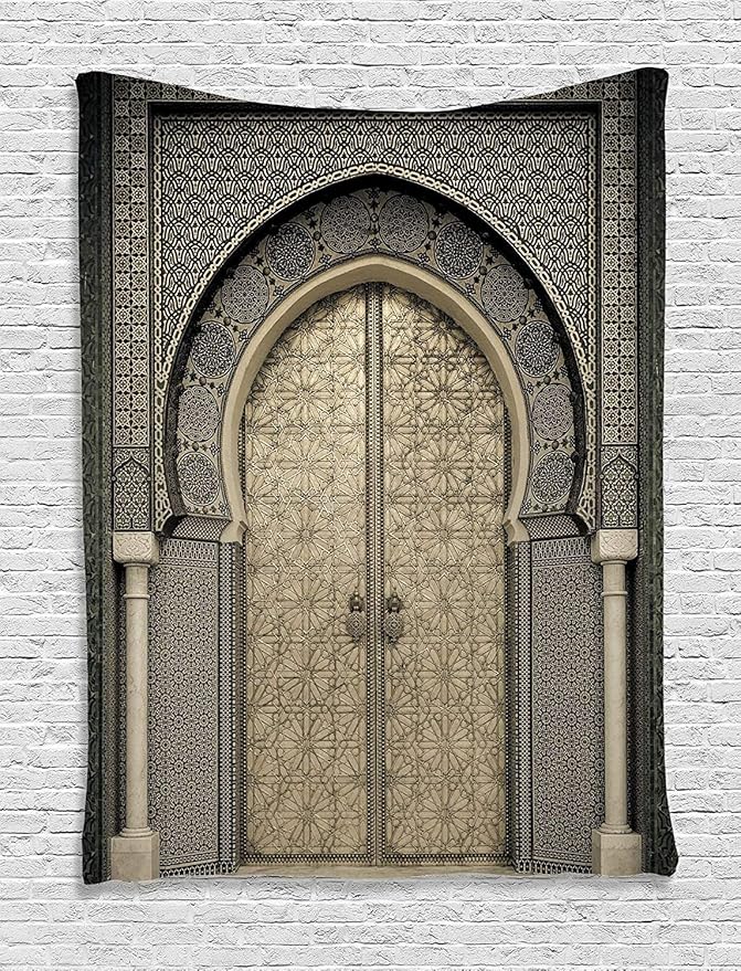 Ambesonne Moroccan Tapestry, Aged Door Geometric Pattern Doorway Design Entrance Architectural Oriental Style, Wall Hanging for Bedroom Living Room Dorm Decor, 60" X 80", Sepia Black