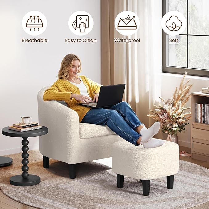 Yaheetech Accent Chair and Ottoman Set, Mid Century Boucle Fabric Barrel Chair and Comfy Fabric Footrest for Living Room/Bedroom/Reading Room, Ivory, 2 PCS
