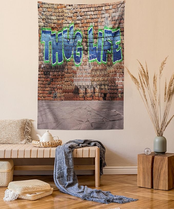 Ambesonne Thug Life Tapestry, Graffiti Style Words on a Brick Wall Street Urban Art Hip Hop Rap Culture Theme, Fabric Wall Hanging Decor for Bedroom Living Room Dorm, 23" X 28", Brown Blue