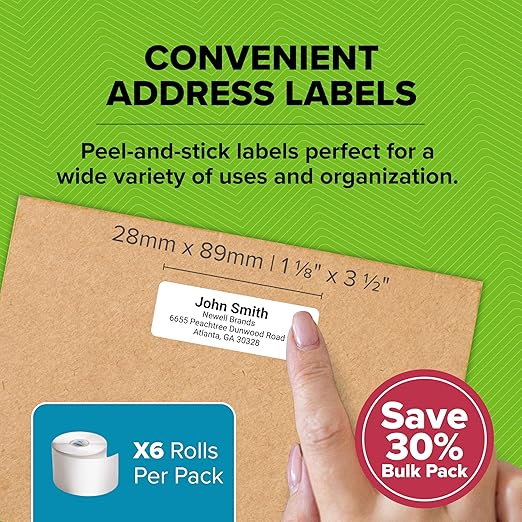 DYMO®-Branded LabelWriter Mailing Address Labels for LabelWriter Label Printers, White, 1-1/8" x 3-1/2", 6 Rolls of 350 (2100 Total)
