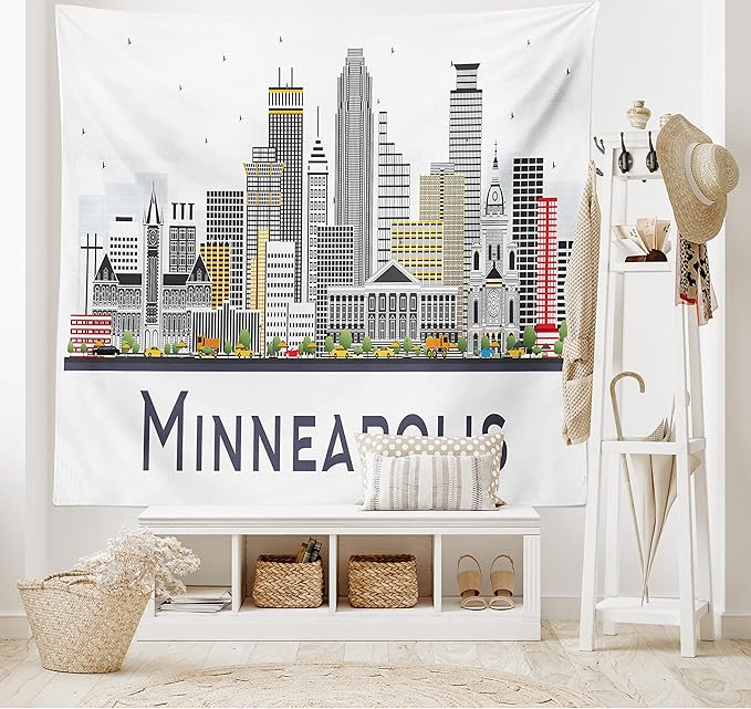 Ambesonne Minnesota Tapestry, Elevation of a Street in Minneapolis Image with High Detailed Facades, Fabric Wall Hanging Decor for Bedroom Living Room Dorm, 30" X 45", White Grey