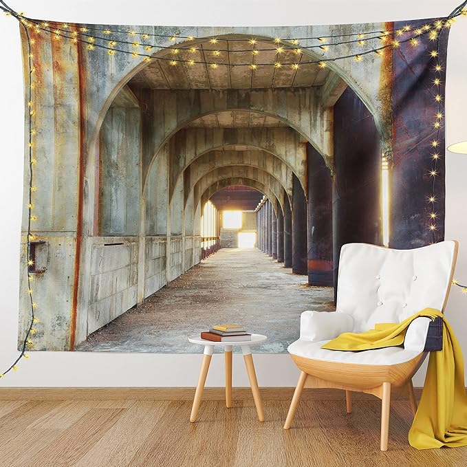 Ambesonne Urban Tapestry, Corridor of Concrete Pillars Structure Urban Industrial Rustic Style Art, Wall Hanging for Bedroom Living Room Dorm Decor, 40" X 60", Brown Purple