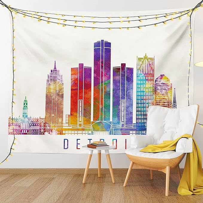 Ambesonne Detroit Tapestry King Size, Vibrant Colored Abstract Skyscrapers Modern Architecture Watercolor Style Landmarks, Wall Hanging Bedspread Bed Cover Wall Decor, 104" X 88", Ivory