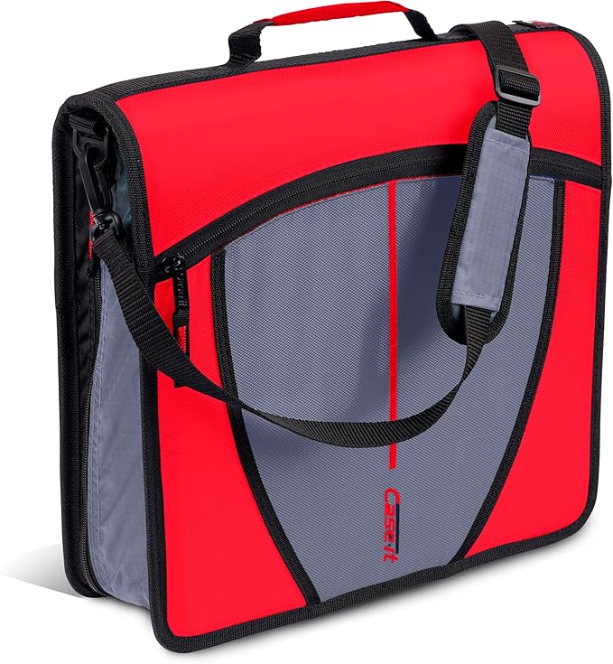 Case-it Mighty Zip Tab School Zipper Binder | 3-Inch O-Rings, 600-Sheet Capacity, 5-Subject Expanding File Folder, Multiple Pockets & Storage Organizer, Shoulder Strap | D-146 Fire Engine Red