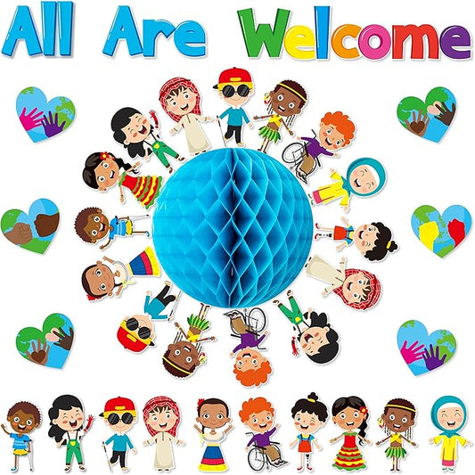 BeYumi 75PCS Student Diversity Bulletin Board Set All are Welcome Hearts Cutouts Earth Honeycomb Inclusion Multicultural Bulletin Board Back to School Equality One World Classroom Door Decoration