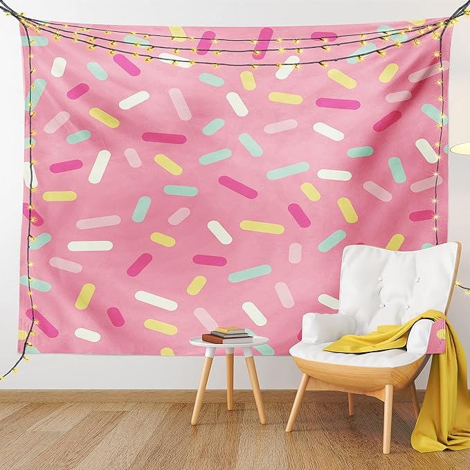 Ambesonne Pink and White Tapestry, Abstract Pattern of Colorful Donut Sprinkles Tasty Food Bakery Theme, Fabric Wall Hanging Decor for Bedroom Living Room Dorm, 45" X 30", Pink Yellow