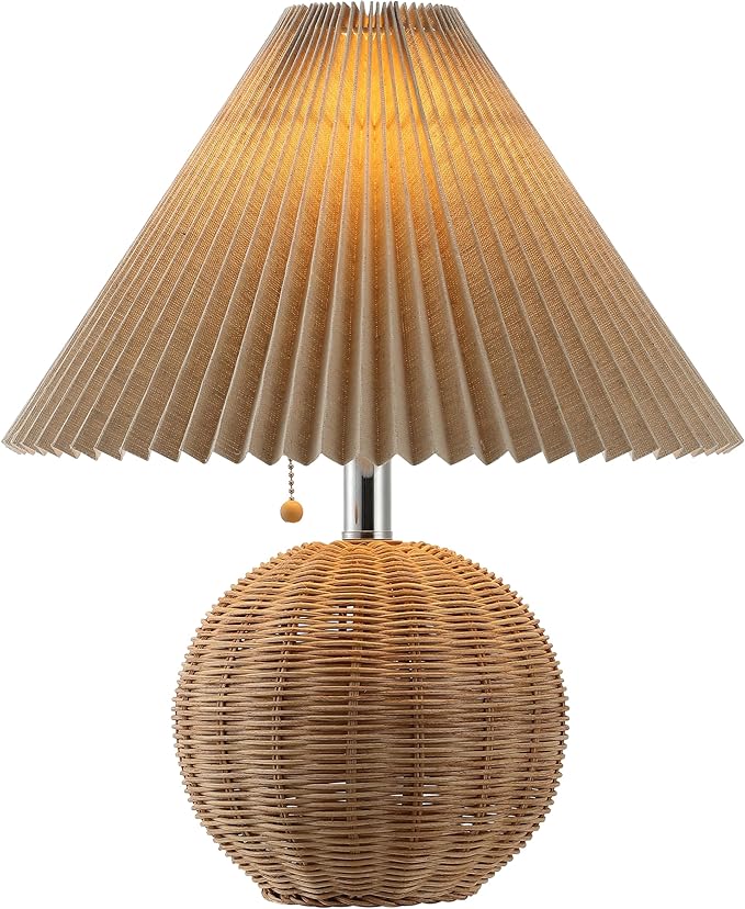 JONATHAN Y 17.25" Natural/Chrome/Dark Beige Sphere Table Lamp, Mid-Century Bedside Nightstand with Beige Pleated Linen Shade, Scandinavian Coastal Style, LED Bulb Included (JYL1145C)