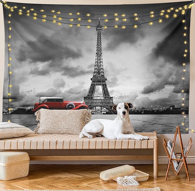 Ambesonne Eiffel Tower Tapestry King Size, Image of Eiffel Tower Paris France Vintage Car Street Dark Clouds, Wall Hanging Bedspread Bed Cover Wall Decor, 104" X 88", Black Red