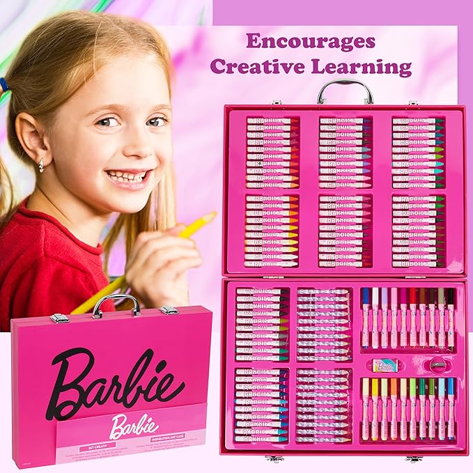 Barbie Colored Pencils Art Supplies Kids Set 130+ Pcs Coloring Markers Girls Drawing Pencils Supplies Travel Case with Crayons Felt Tips Arts and Crafts for Kids 4-12