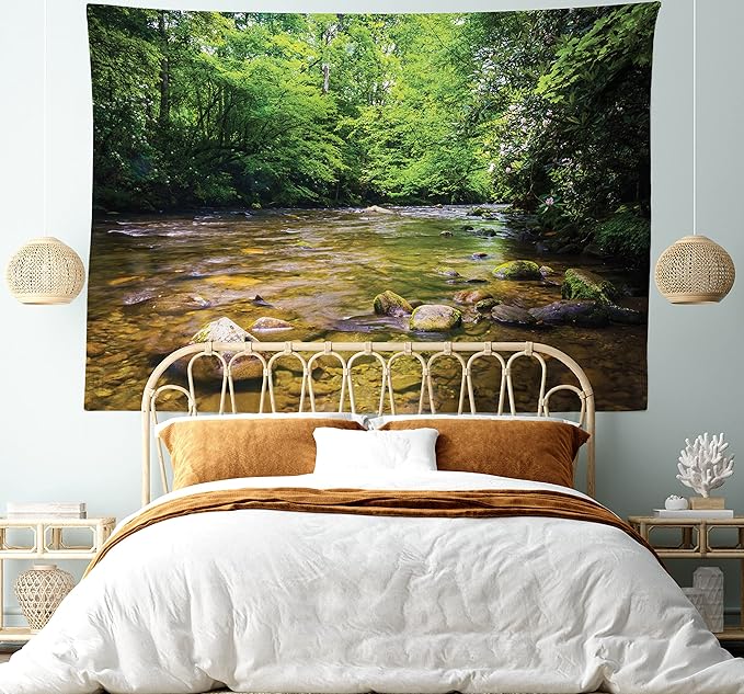 Ambesonne Appalachian Tapestry King Size, Oconaluftee River at Smoky Mountains National Park, Wall Hanging Bedspread Bed Cover Wall Decor, King Size, Lime Green Charcoal Grey