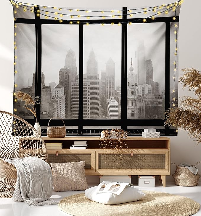 Ambesonne City Tapestry, Philadelphia City Rooftop View Through Window Skyline Landmark Rooftop Travel, Fabric Wall Hanging Decor for Bedroom Living Room Dorm, 28" X 23", Grey Black