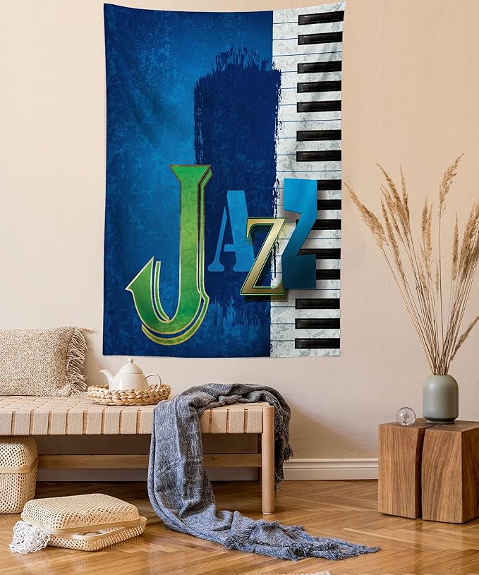 Ambesonne Jazz Music Tapestry Queen Size, Abstract Cracked Background Piano Keys Themed Print Rhytym Image, Wall Hanging Bedspread Bed Cover Wall Decor, 88" X 88", Navy Green White