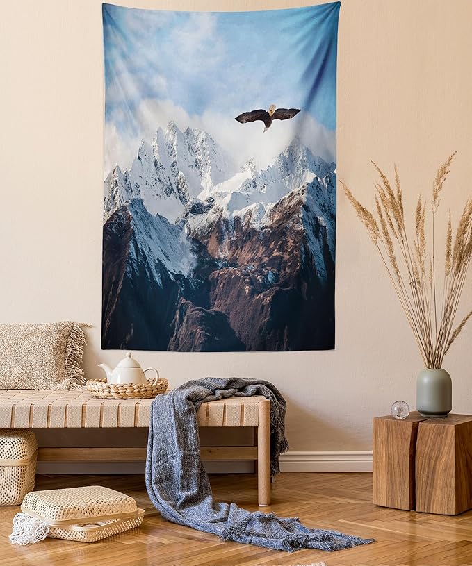 Ambesonne Mountain Tapestry Twin Size, Frozen Peaks Tops of the Mountain with a Flying Eagle Free in Nature Photo, Wall Hanging Bedspread Bed Cover Wall Decor, 68" X 88", Brown White Blue